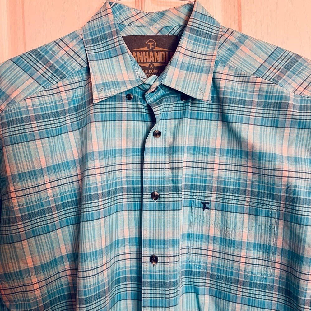 Panhandle Men's Turquoise Plaid Button Down Long Sleeve Shirt Lg